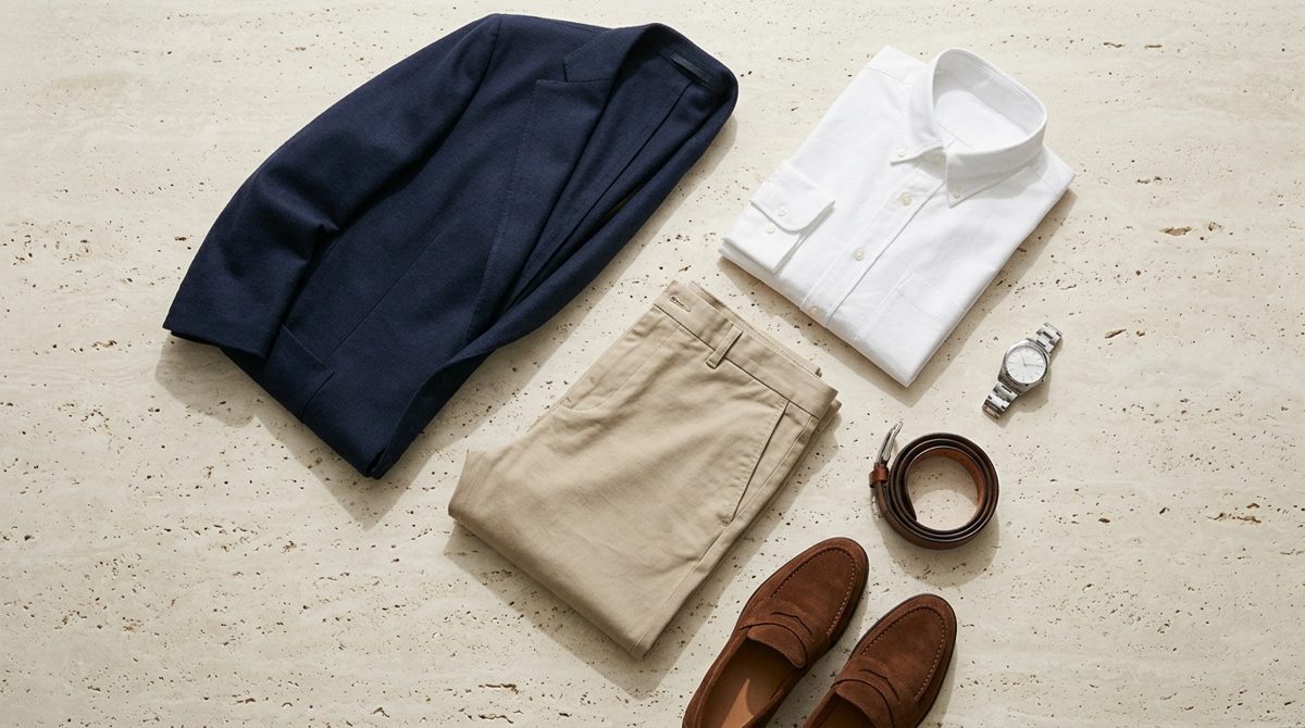 Blazer marinho, camisa branca, chino e mocassim dispostos sobre mármore